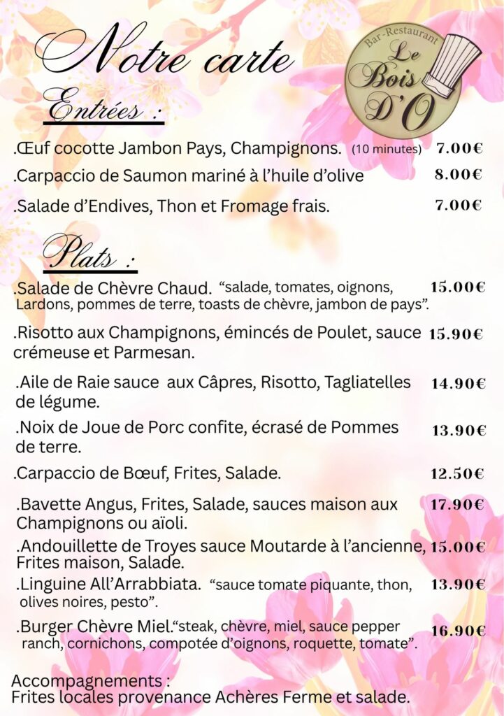 CARTE RESTAURANT GOLF DU BOIS DO DREUX ET CHARTRES ET CHATEAUNEUF EN THYMERAIS